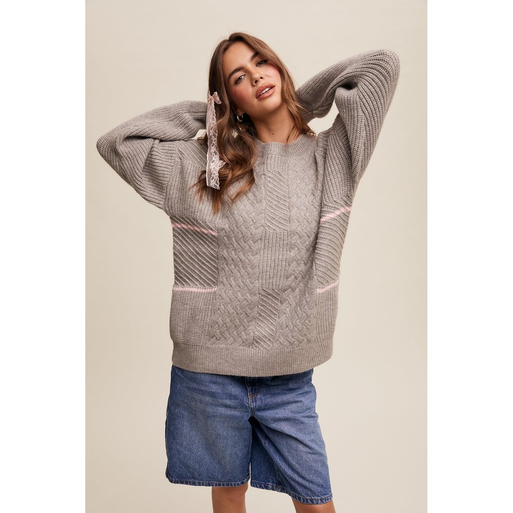 PinkBlush Maternity Heather Grey Striped Mixed Cable Knit Sweater Medium
